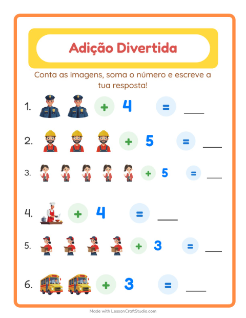 Pré-visualização da ficha de Adição com Profissões para Educação infantil (pré-escola, 5-7 anos)