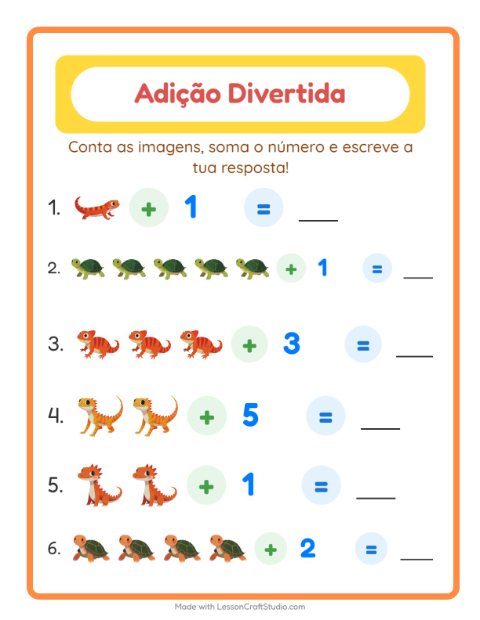 Pré-visualização da ficha de Adição com Répteis e anfíbios para Educação infantil (pré-escola, 5-7 anos)