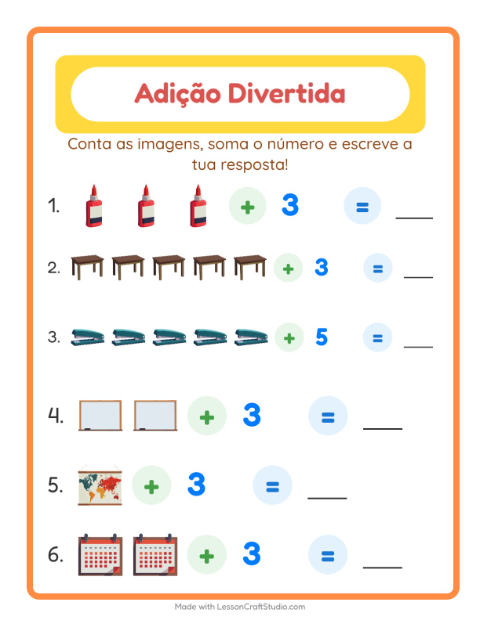 Pré-visualização da ficha de Adição com Sala de aula para Educação infantil (pré-escola, 5-7 anos)
