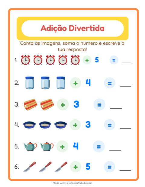 Pré-visualização da ficha de Adição com Utensílios de cozinha para Educação infantil (pré-escola, 5-7 anos)