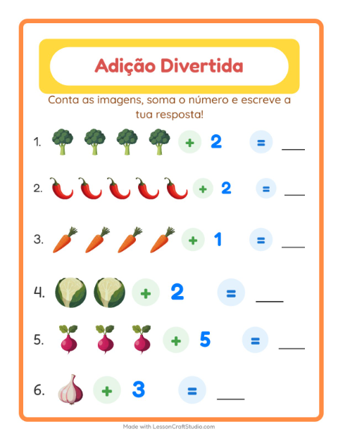 Pré-visualização da ficha de Adição com Vegetais para Educação infantil (pré-escola, 5-7 anos)