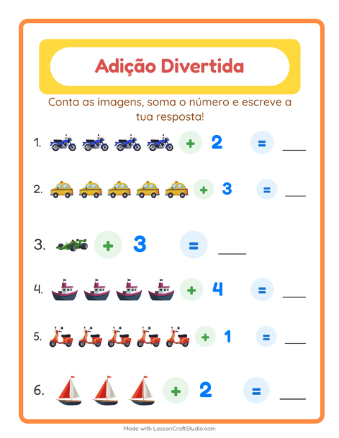 Pré-visualização da ficha de Adição com Veículos para Educação infantil (pré-escola, 5-7 anos)