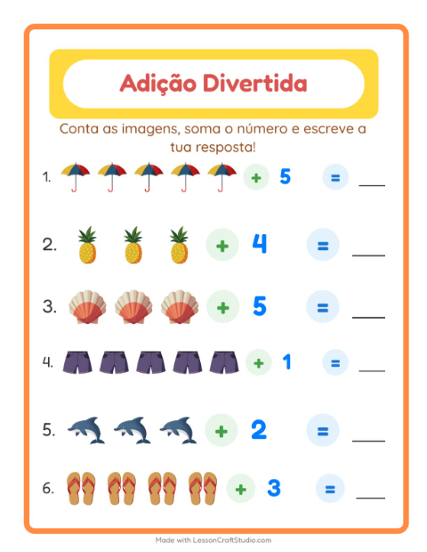 Pré-visualização da ficha de Adição com Verão para Educação infantil (pré-escola, 5-7 anos)