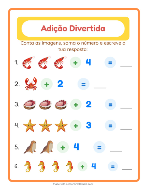 Pré-visualização da ficha de Adição com Vida marinha para Educação infantil (pré-escola, 5-7 anos)