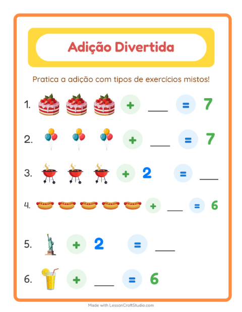 Pré-visualização da ficha de Adição com 4 de Julho para Educação infantil (pré-escola, 5-7 anos)