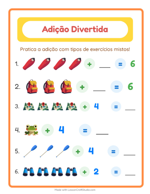 Pré-visualização da ficha de Adição com Acampamento para Educação infantil (pré-escola, 5-7 anos)