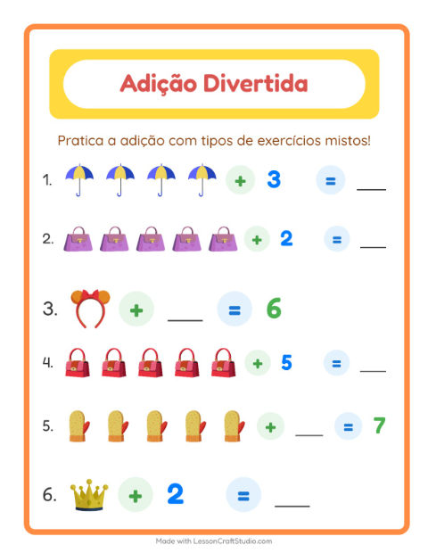 Pré-visualização da ficha de Adição com Acessórios para Educação infantil (pré-escola, 5-7 anos)