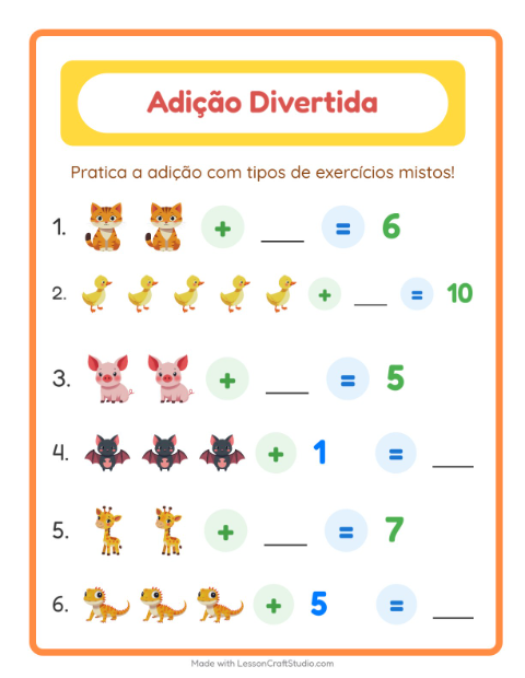 Pré-visualização da ficha de Adição com Animais para Educação infantil (pré-escola, 5-7 anos)