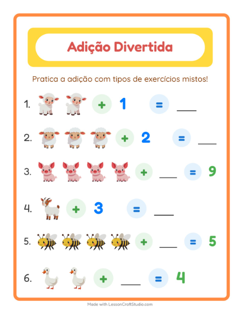 Pré-visualização da ficha de Adição com Animais da fazenda para Educação infantil (pré-escola, 5-7 anos)