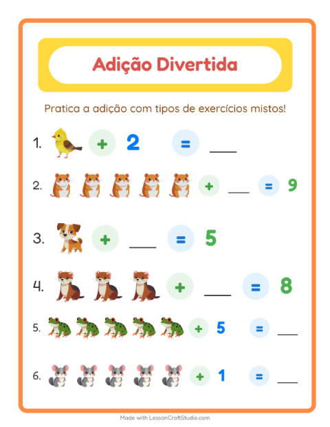 Pré-visualização da ficha de Adição com Animais de estimação para Educação infantil (pré-escola, 5-7 anos)