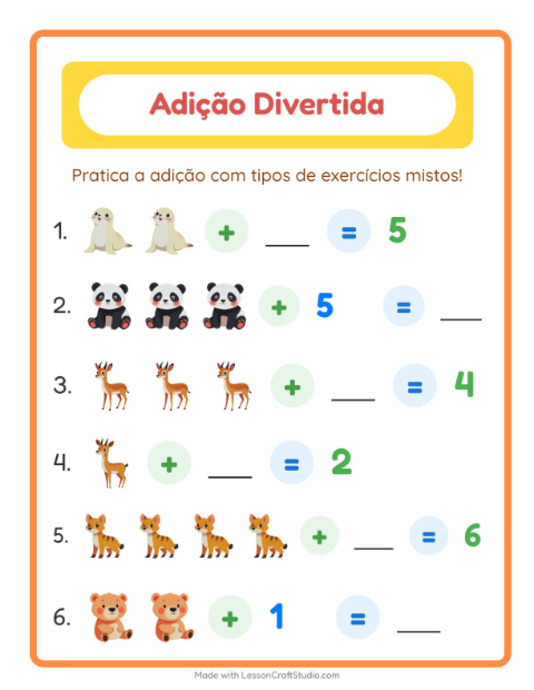 Pré-visualização da ficha de Adição com Animais do zoológico para Educação infantil (pré-escola, 5-7 anos)