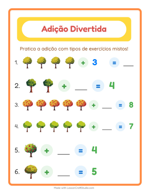 Pré-visualização da ficha de Adição com Árvores para Educação infantil (pré-escola, 5-7 anos)