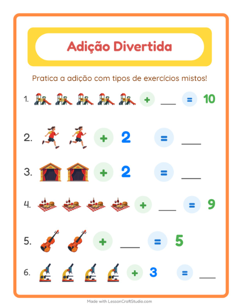 Pré-visualização da ficha de Adição com Atividades para Educação infantil (pré-escola, 5-7 anos)
