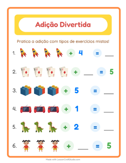 Pré-visualização da ficha de Adição com Brinquedos para Educação infantil (pré-escola, 5-7 anos)