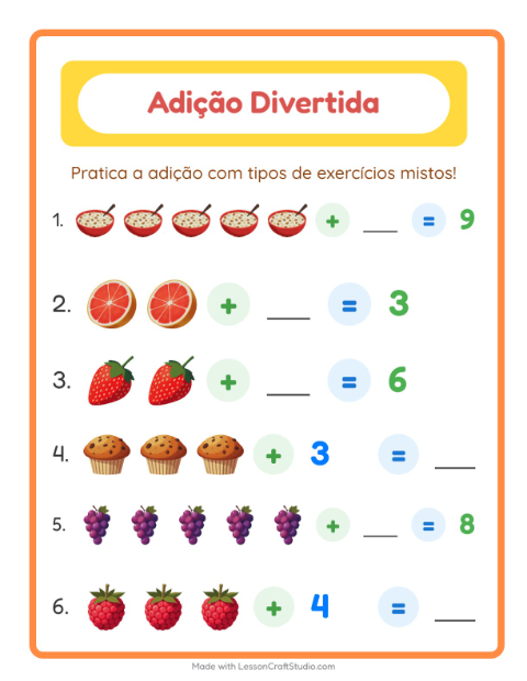 Pré-visualização da ficha de Adição com Café da manhã para Educação infantil (pré-escola, 5-7 anos)
