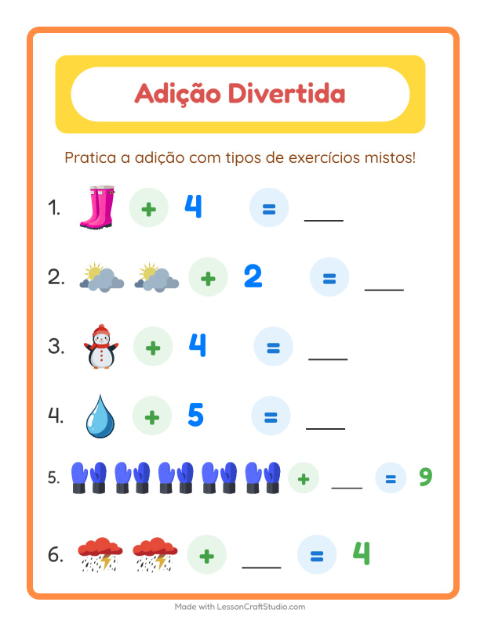 Pré-visualização da ficha de Adição com Clima para Educação infantil (pré-escola, 5-7 anos)