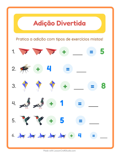Pré-visualização da ficha de Adição com Coisas que voam para Educação infantil (pré-escola, 5-7 anos)