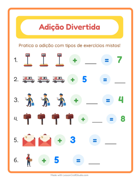 Pré-visualização da ficha de Adição com Correios para Educação infantil (pré-escola, 5-7 anos)