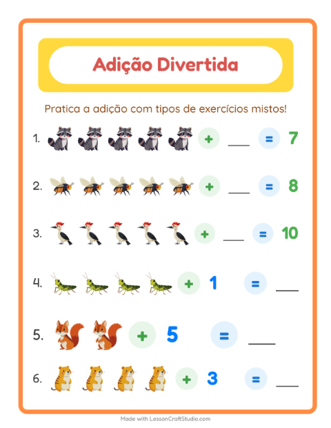 Pré-visualização da ficha de Adição com Criaturas da floresta para Educação infantil (pré-escola, 5-7 anos)