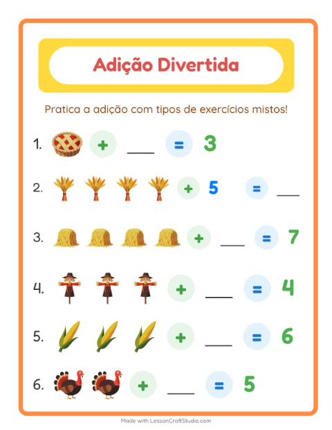Pré-visualização da ficha de Adição com Dia de Ação de Graças para Educação infantil (pré-escola, 5-7 anos)