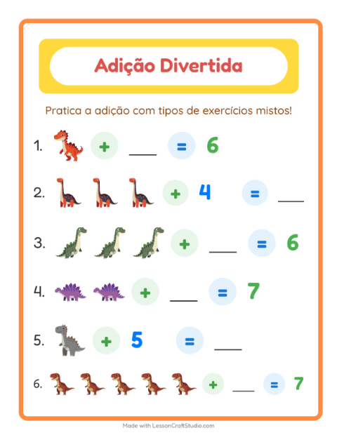 Pré-visualização da ficha de Adição com Dinossauros para Educação infantil (pré-escola, 5-7 anos)