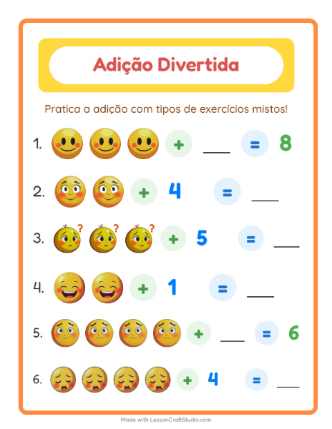 Pré-visualização da ficha de Adição com Emoções para Educação infantil (pré-escola, 5-7 anos)