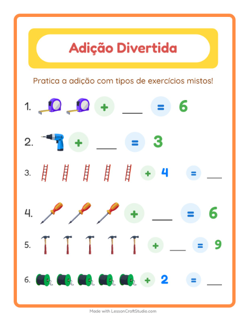 Pré-visualização da ficha de Adição com Ferramentas para Educação infantil (pré-escola, 5-7 anos)