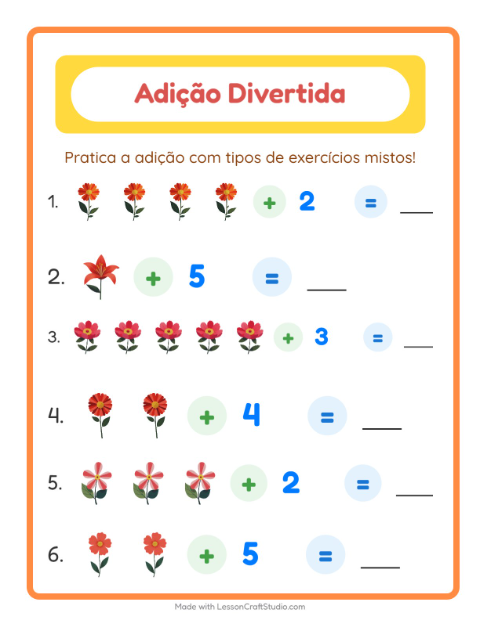 Pré-visualização da ficha de Adição com Flores para Educação infantil (pré-escola, 5-7 anos)
