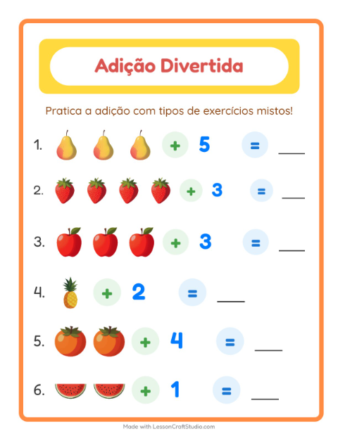 Pré-visualização da ficha de Adição com Frutas para Educação infantil (pré-escola, 5-7 anos)