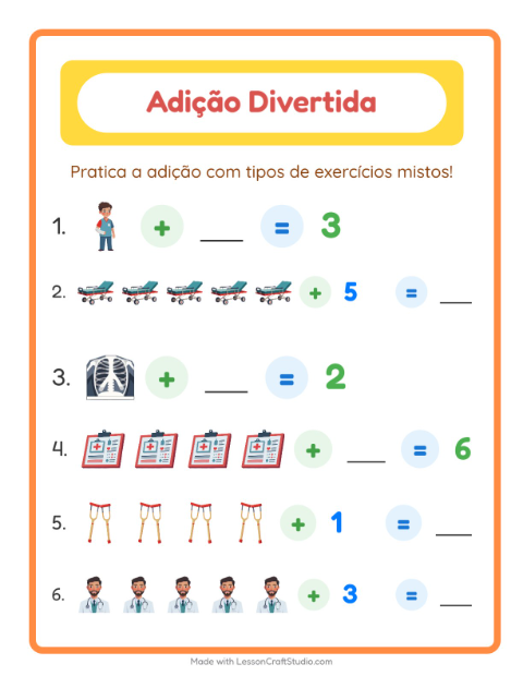 Pré-visualização da ficha de Adição com Hospital para Educação infantil (pré-escola, 5-7 anos)