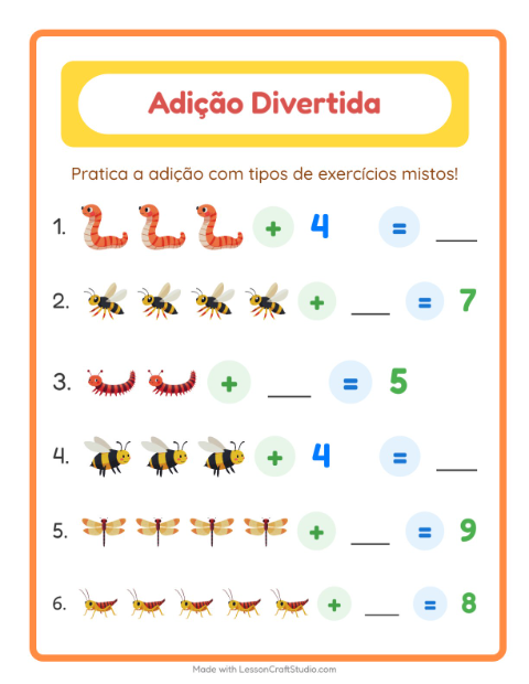 Pré-visualização da ficha de Adição com Insetos e bichos para Educação infantil (pré-escola, 5-7 anos)