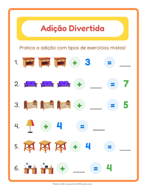 Pré-visualização da ficha de Adição com Móveis para Educação infantil (pré-escola, 5-7 anos)