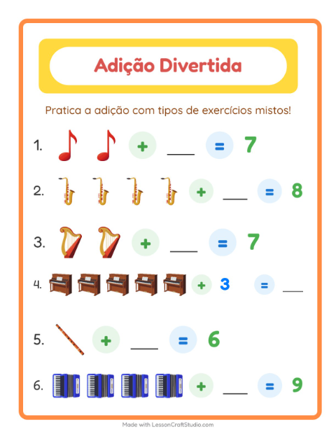 Pré-visualização da ficha de Adição com Música para Educação infantil (pré-escola, 5-7 anos)