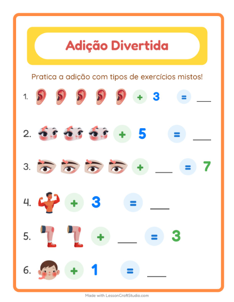 Pré-visualização da ficha de Adição com Partes do corpo para Educação infantil (pré-escola, 5-7 anos)
