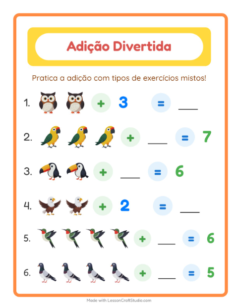 Pré-visualização da ficha de Adição com Pássaros 2 para Educação infantil (pré-escola, 5-7 anos)