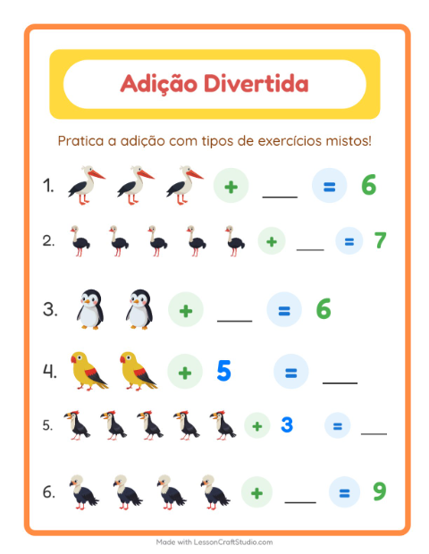 Pré-visualização da ficha de Adição com Pássaros para Educação infantil (pré-escola, 5-7 anos)