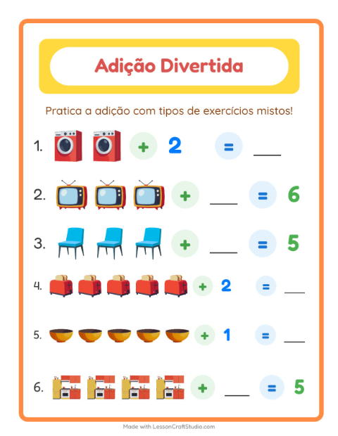 Pré-visualização da ficha de Adição com Pela casa para Educação infantil (pré-escola, 5-7 anos)