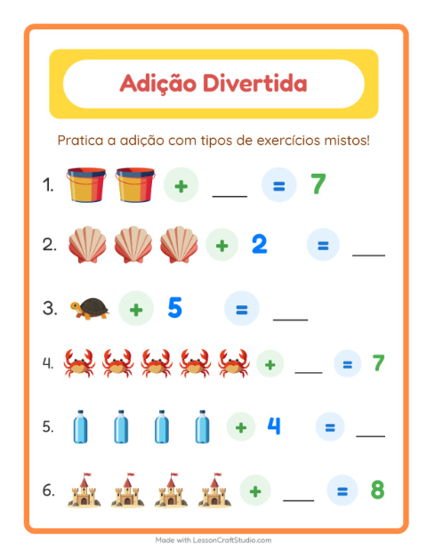 Pré-visualização da ficha de Adição com Praia para Educação infantil (pré-escola, 5-7 anos)