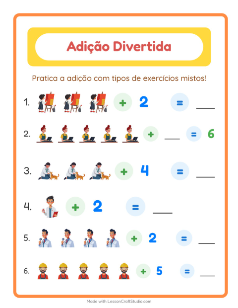Pré-visualização da ficha de Adição com Profissões para Educação infantil (pré-escola, 5-7 anos)