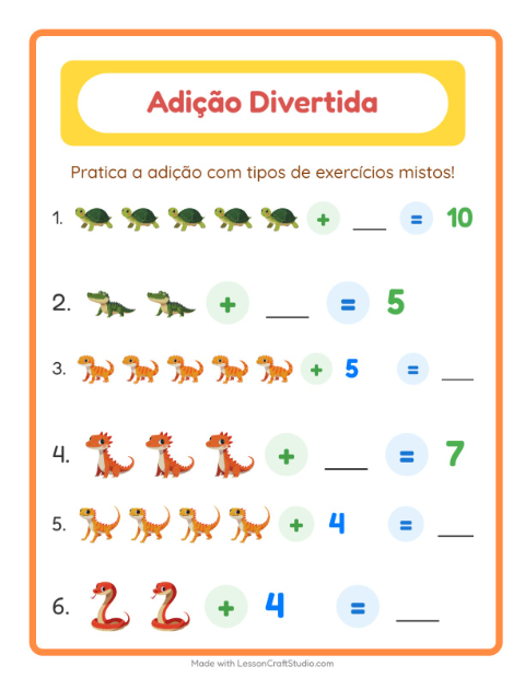 Pré-visualização da ficha de Adição com Répteis e anfíbios para Educação infantil (pré-escola, 5-7 anos)