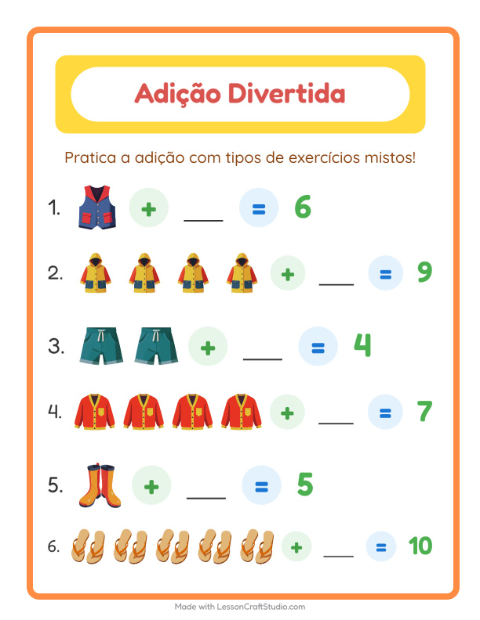 Pré-visualização da ficha de Adição com Roupas para Educação infantil (pré-escola, 5-7 anos)