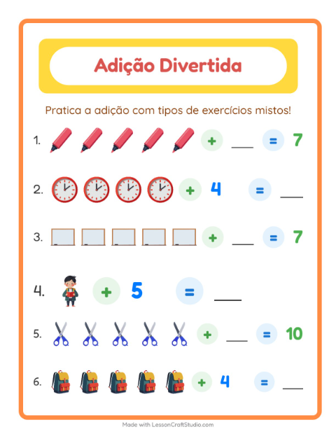 Pré-visualização da ficha de Adição com Sala de aula para Educação infantil (pré-escola, 5-7 anos)