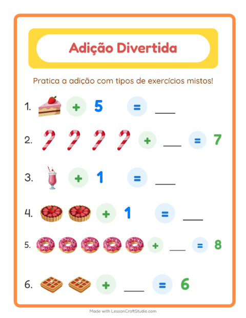 Pré-visualização da ficha de Adição com Sobremesas e doces para Educação infantil (pré-escola, 5-7 anos)