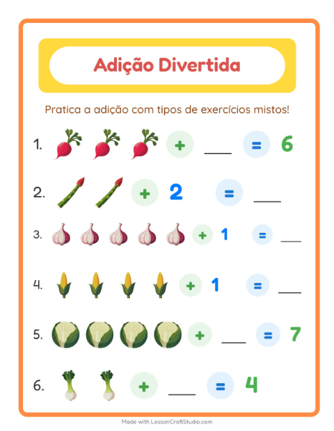 Pré-visualização da ficha de Adição com Vegetais para Educação infantil (pré-escola, 5-7 anos)