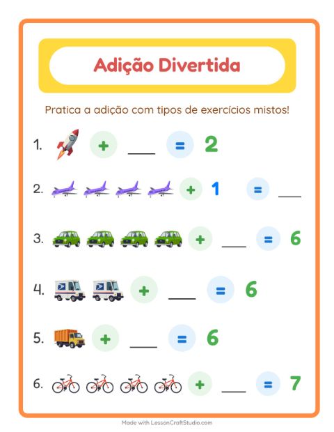 Pré-visualização da ficha de Adição com Veículos para Educação infantil (pré-escola, 5-7 anos)