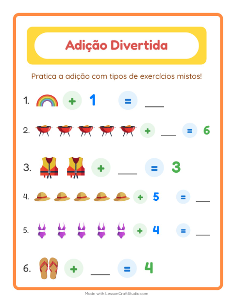 Pré-visualização da ficha de Adição com Verão para Educação infantil (pré-escola, 5-7 anos)