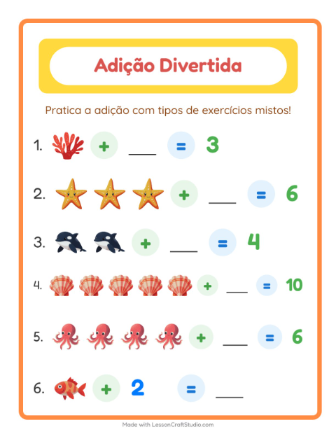 Pré-visualização da ficha de Adição com Vida marinha para Educação infantil (pré-escola, 5-7 anos)