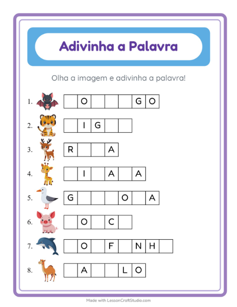Pré-visualização da ficha de Adivinhe A Palavra com Animais para Educação infantil (pré-escola, 5-7 anos)