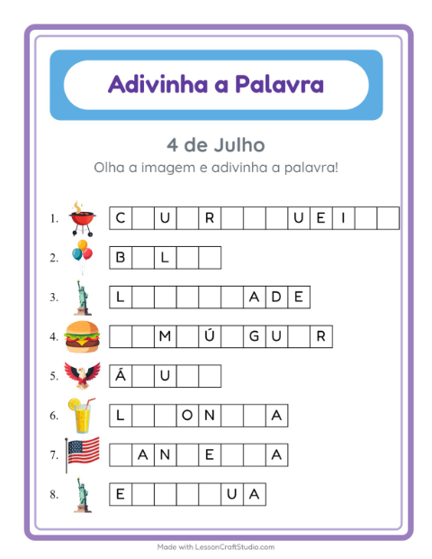 Pré-visualização da ficha de Adivinhe A Palavra com 4 de Julho para Educação infantil (pré-escola, 5-7 anos)