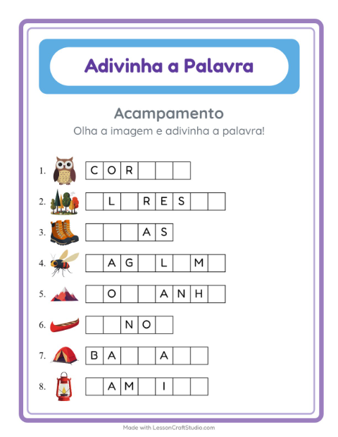 Pré-visualização da ficha de Adivinhe A Palavra com Acampamento para Educação infantil (pré-escola, 5-7 anos)